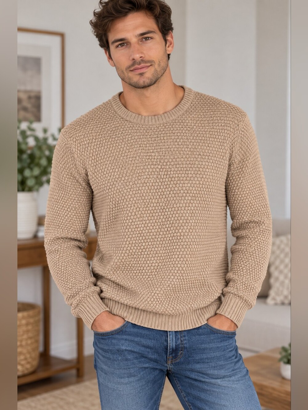 21 Men Forever 21 Beige Textured Knit Crewneck Sweater
